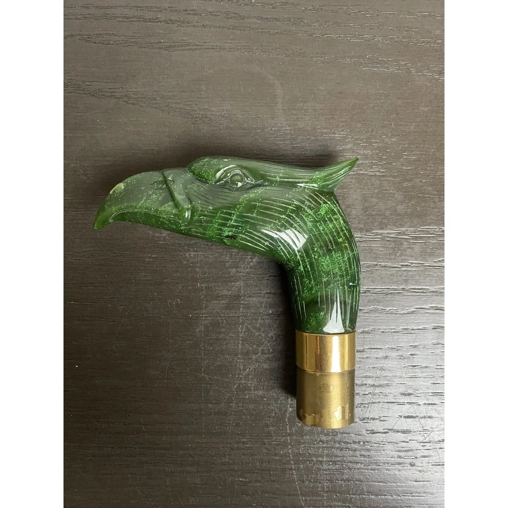 Antique Carved Jadeite Bird of Prey Brass Walking Stick Raptor Cane Eagle